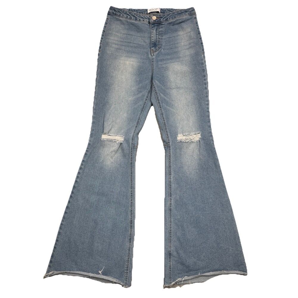 Vanilla Star Bell Flare Jeans Juniors 9 High Rise Distress Blue Measures 28x30.5